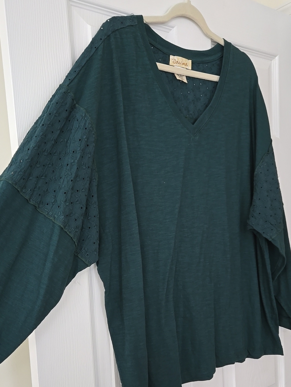 NWOT Davina Deep Teal V-Neck Eyelet Longsleeve Top - Picture 2 of 5
